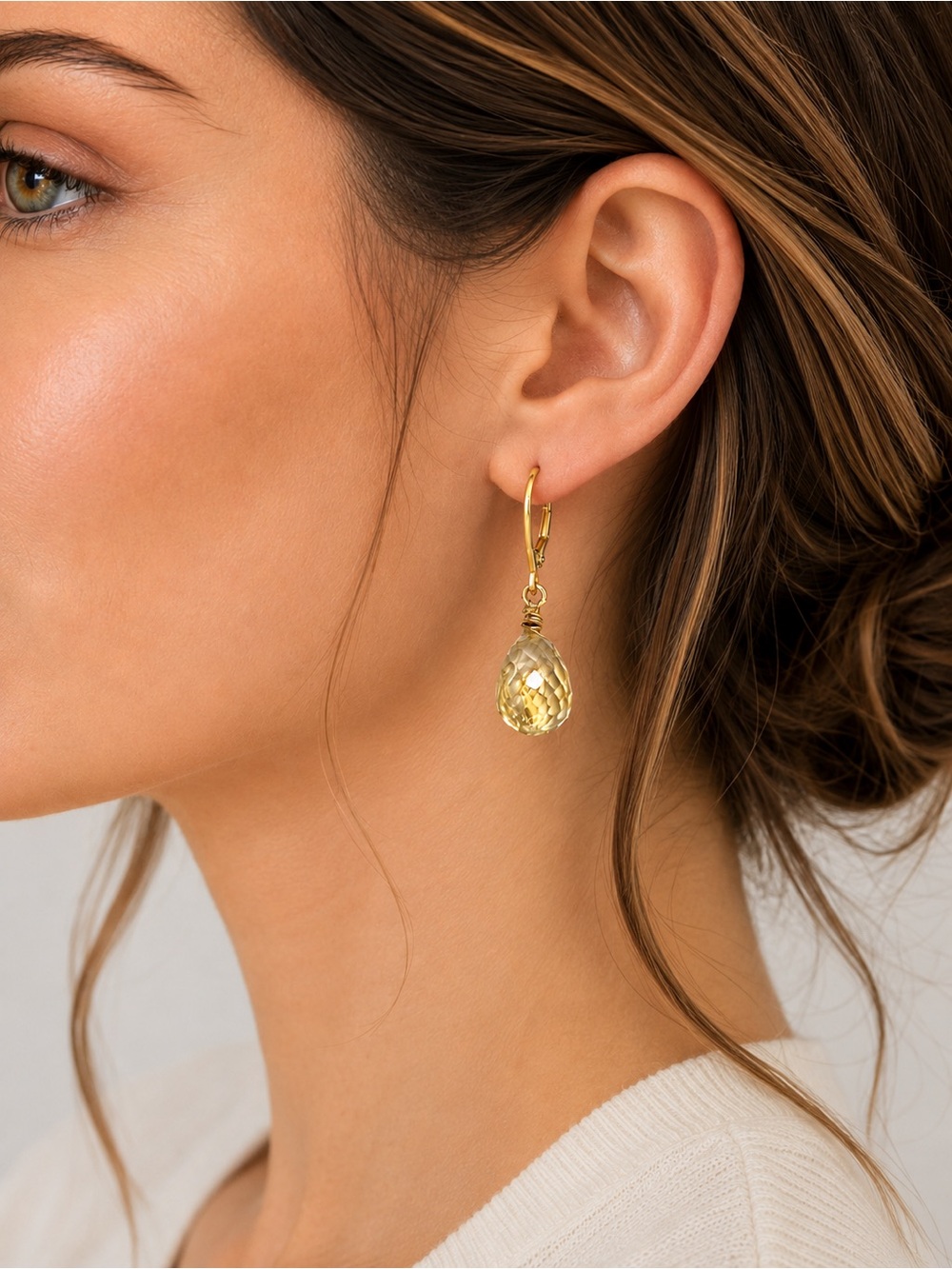 Handmade Faceted Lemon Quartz Briolette Earrings Gold Tone Leverbacks